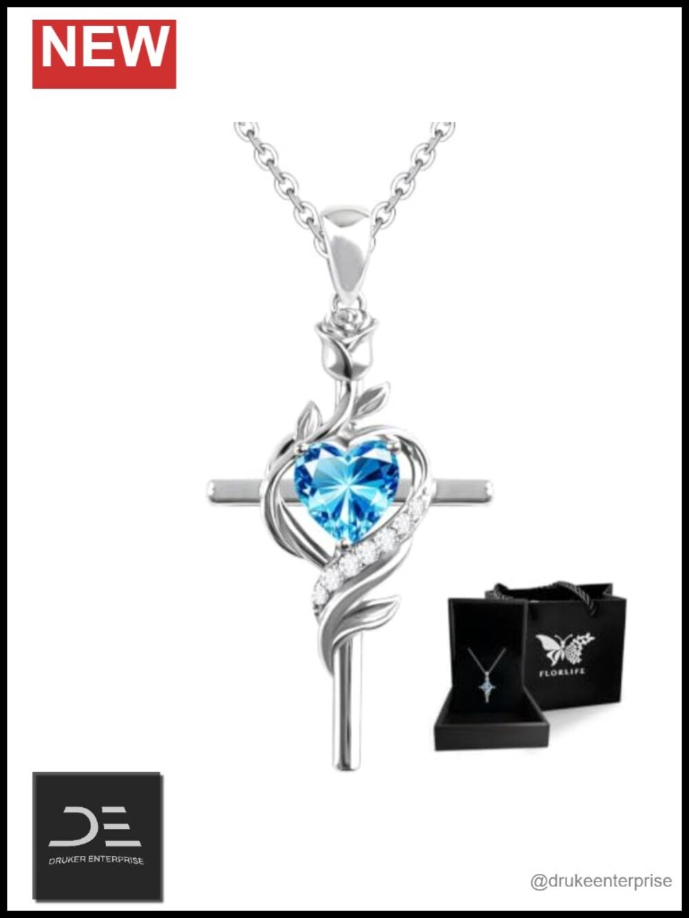 18K White Gold Plated Sterling Silver Rose Cross Birthstone Necklace for Women